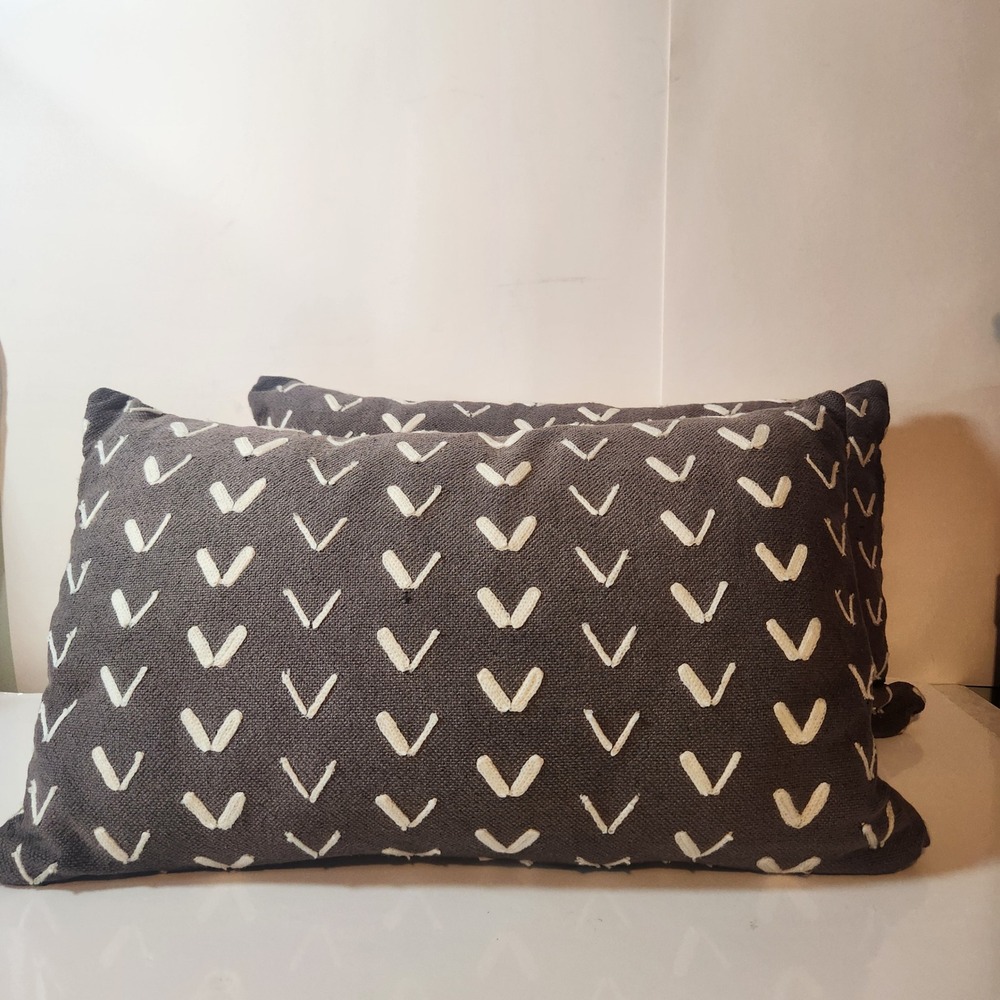Indigo Set of 2 Lumbar Pillows Charcoal Grey White Embroidered Chevron 12x20